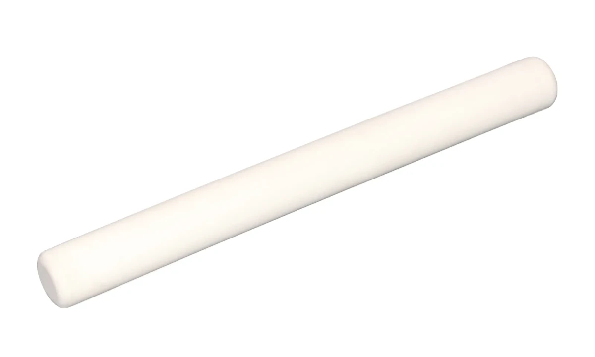 A plain white rubber baton with rounded ends, angled across a pure white background.