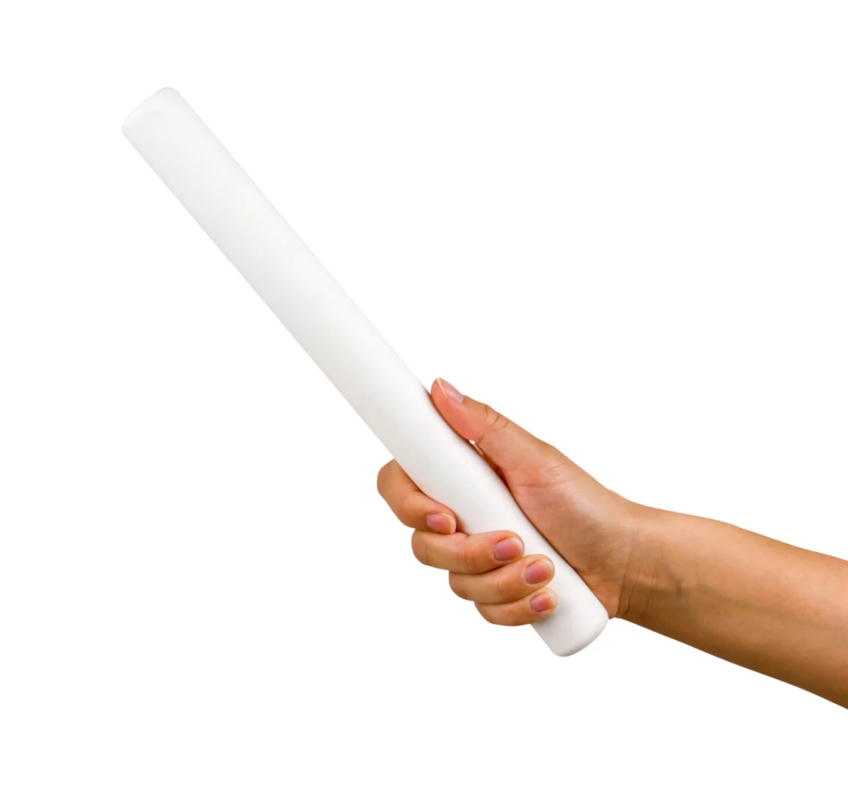 A hand gripping the white baton near its lower end, holding it upright, which shows how big it is.