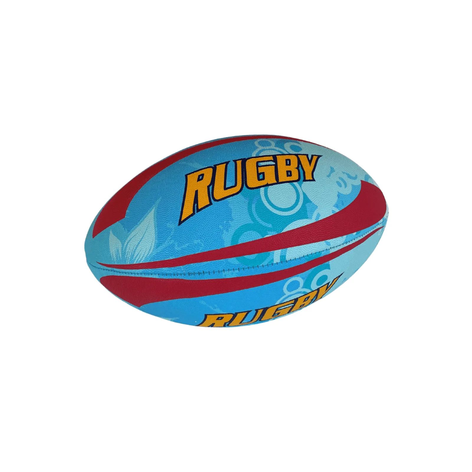 A light-blue rugby ball with red stripes and “RUGBY” lettering.